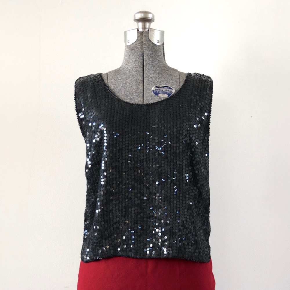 1980s Shimmer New York Boxy Black Silk Sequined Tank Sleeveless Shirt Size Small